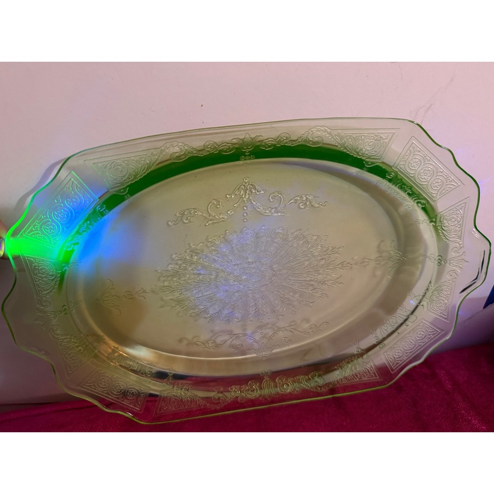 Vintage Hocking Glass Princess Green Uranium Depression Glass Oval Platter 1930s